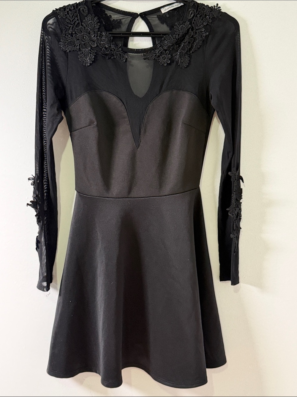 Charlotte Russe Black Lace-Applique Long Sleeve Fit & Flare Dress Size M